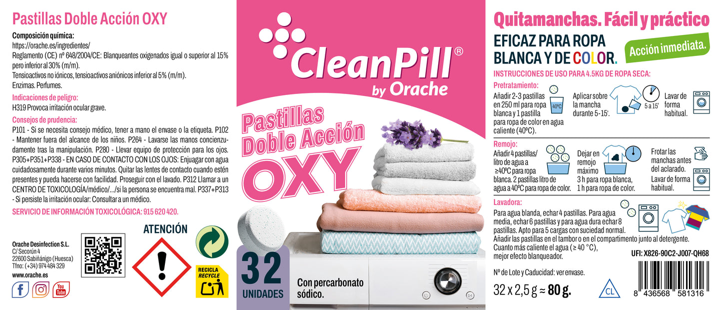 Pastillas Blanqueantes y Quitamanchas Doble Acción Oxy - CleanPill by Orache - 32 Unidades