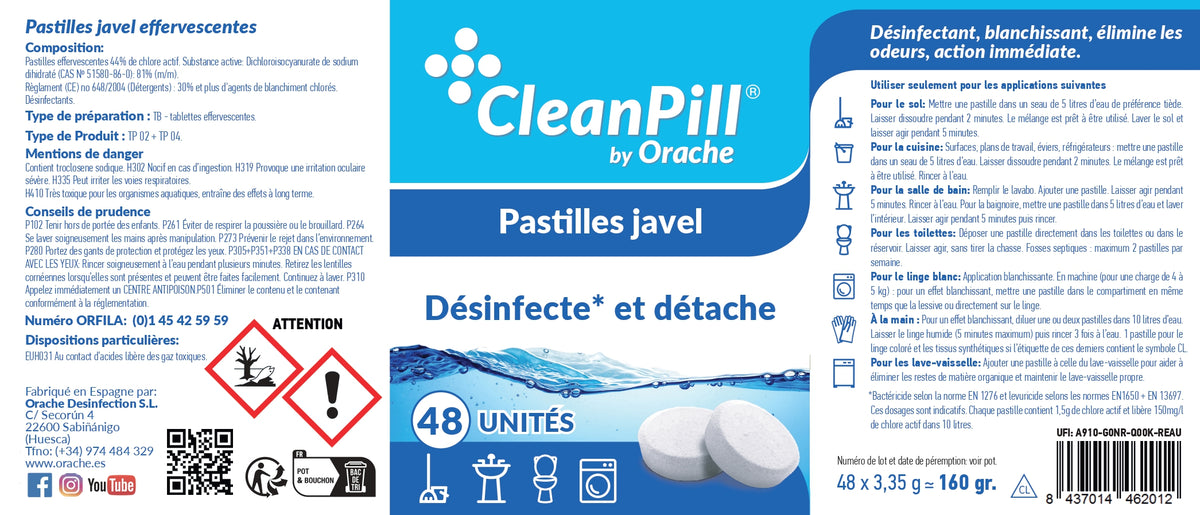 Pastilles désinfectantes multi-usages - CleanPill by Orache - 48 unités