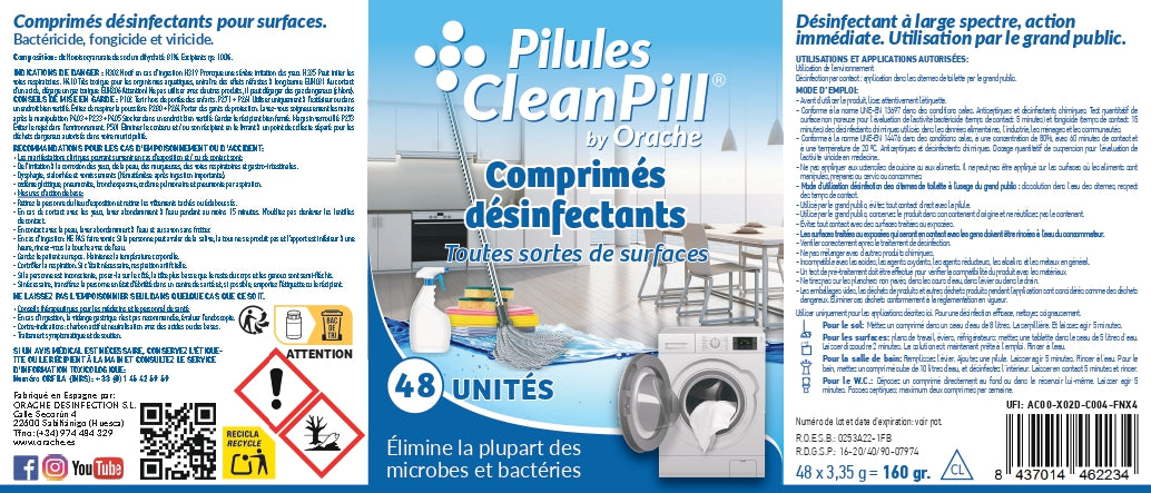 Pastilles désinfectantes multi-usages - CleanPill by Orache - 48 unités