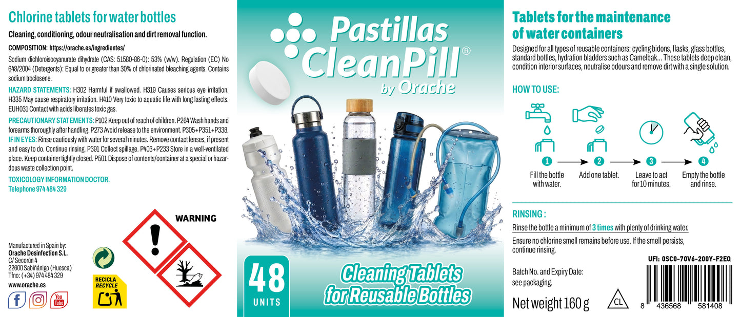 Cleaning Tablets for Reusable Bottles - CleanPill by Orache - 48 Units
