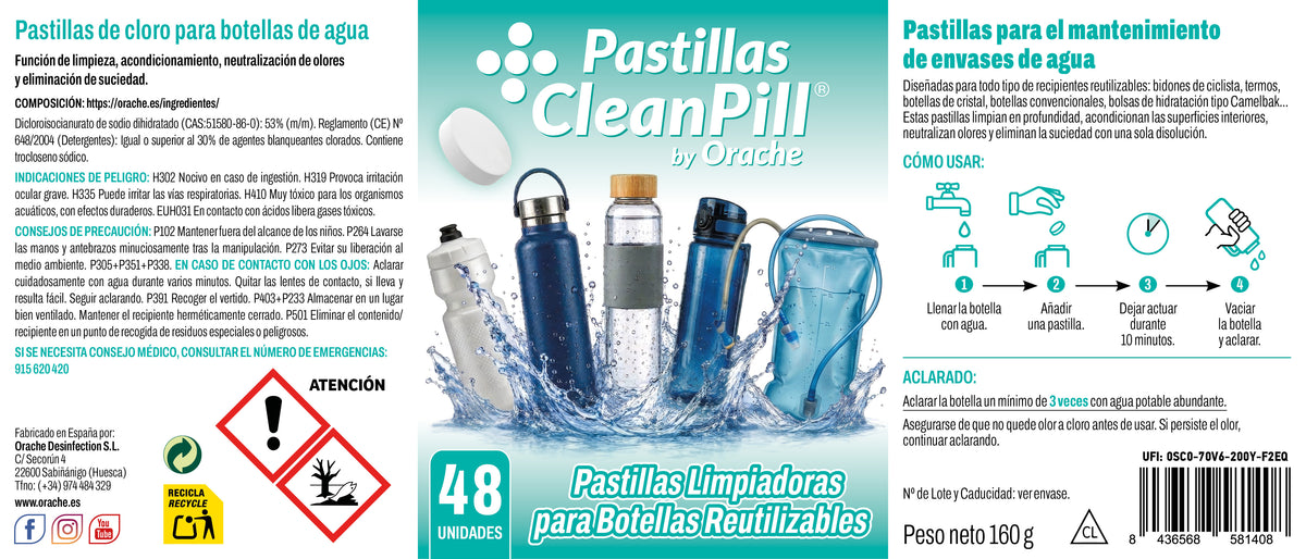 Pastillas Limpiadoras para Botellas Reutilizables - CleanPill by Orache - 48 unidades