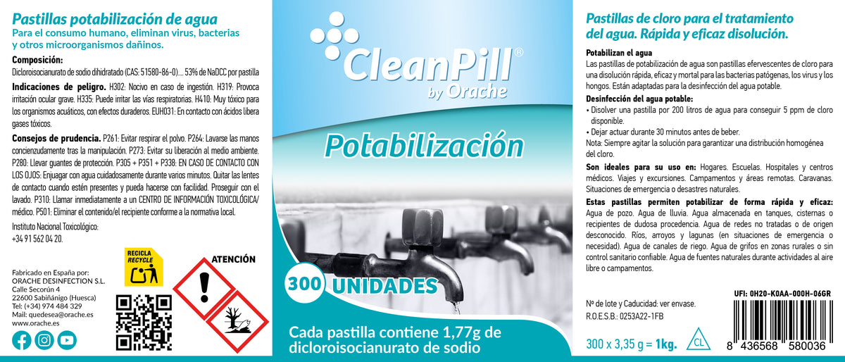 Pastillas Potabilizadoras de Agua - CleanPill by Orache - 300 Unidades