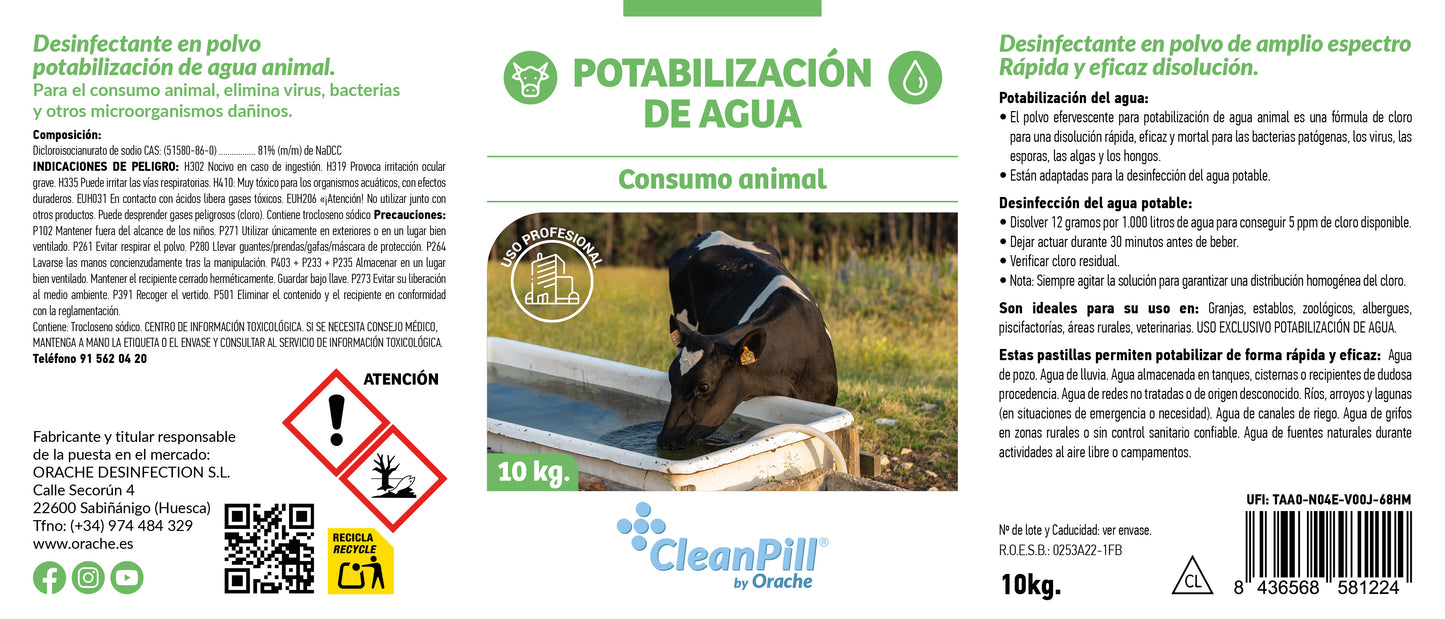 Potabilización de Agua para Animales - CleanPill by Orache - Cubo de polvo 10 kg