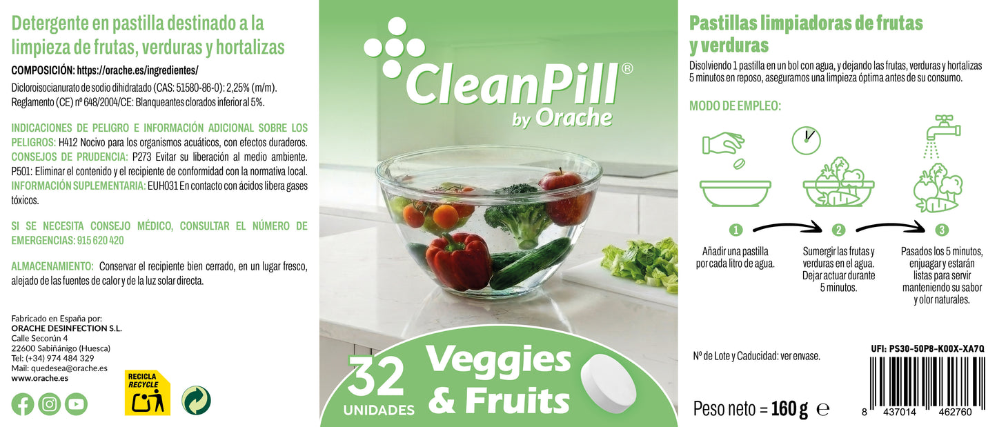 Pastillas Limpiadoras para Frutas y Verduras - CleanPill by Orache - 32 unidades