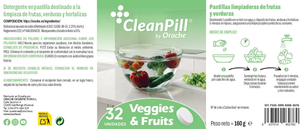 Pastillas Limpiadoras para Frutas y Verduras - CleanPill by Orache - 32 unidades