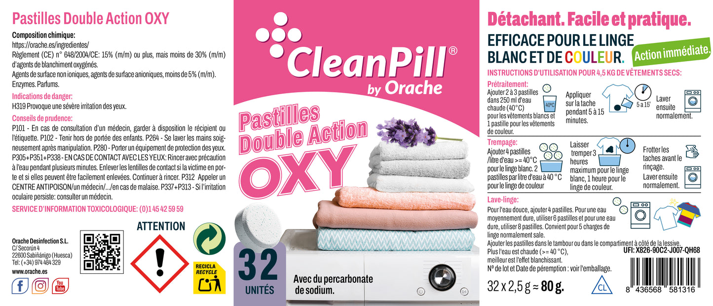Pastilles Blanchissantes et Détachantes Double Action Oxy - CleanPill by Orache - 32 Unités