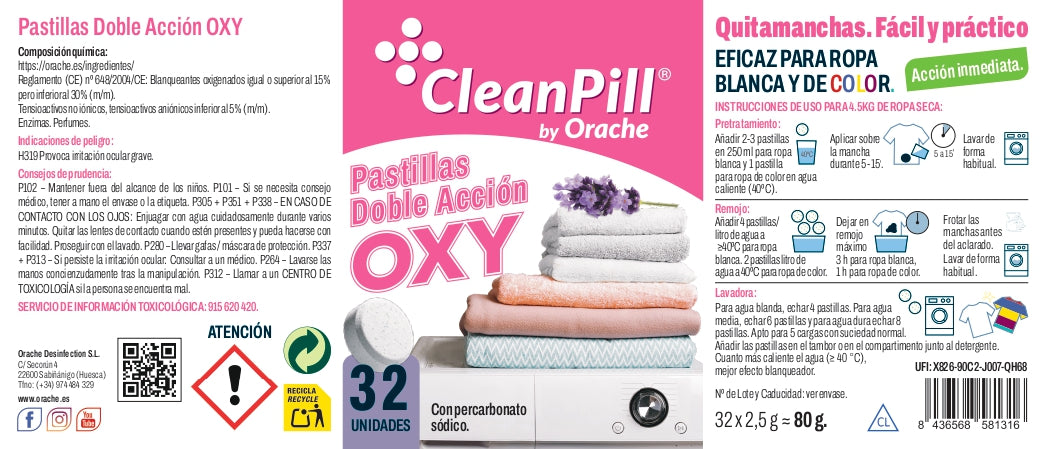 Pastillas Blanqueantes y Quitamanchas Doble Acción Oxy - CleanPill by Orache - 32 Unidades