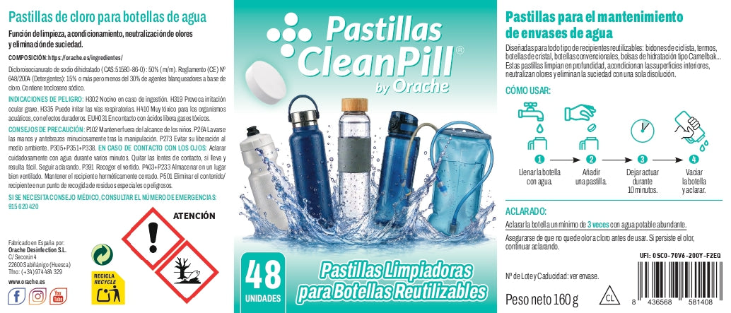 Pastillas Limpiadoras para Botellas Reutilizables - CleanPill by Orache - 48 unidades