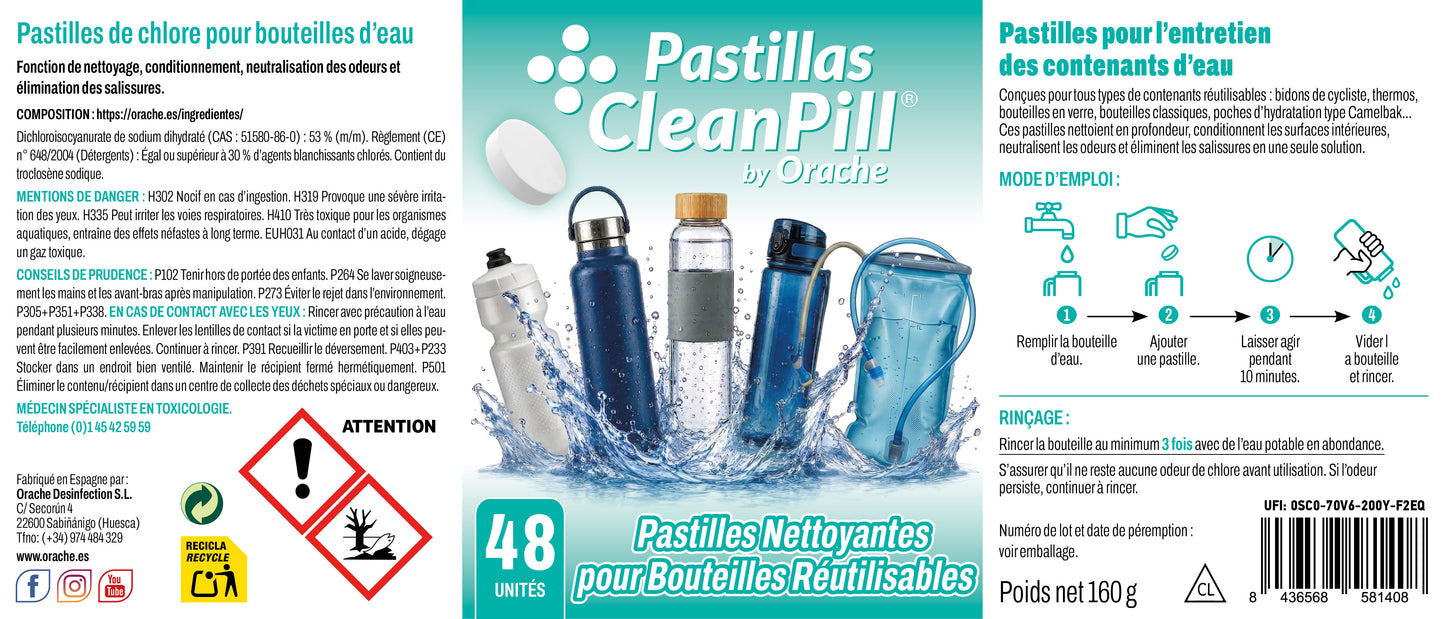 Pastilles nettoyantes pour bouteilles réutilisables - CleanPill by Orache - 48 unités