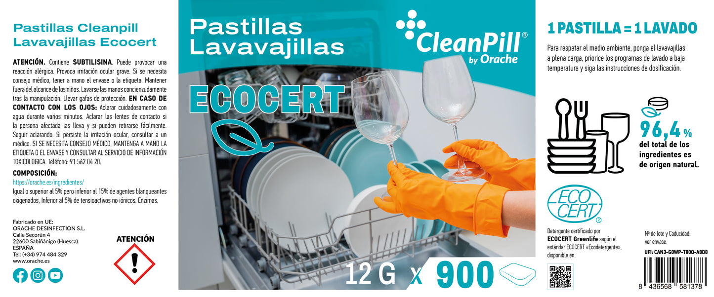 Pastillas Lavavajillas  ECOCERT - CleanPill by Orache - 900 Unidades