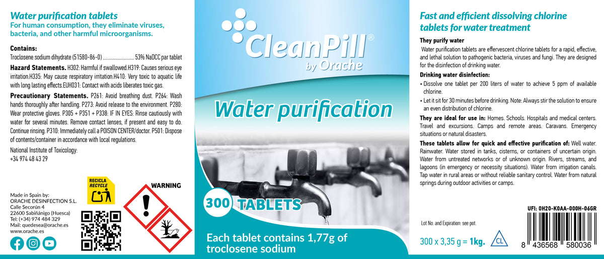 Water Purification Tablets - CleanPill by Orache - 300 Tablets