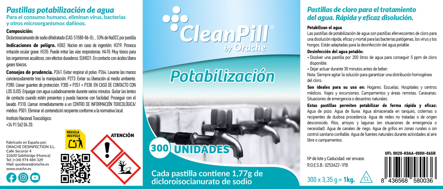 Pastillas Potabilizadoras de Agua - CleanPill by Orache - 300 Unidades