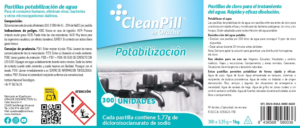 Pastillas Potabilizadoras de Agua - CleanPill by Orache - 300 Unidades