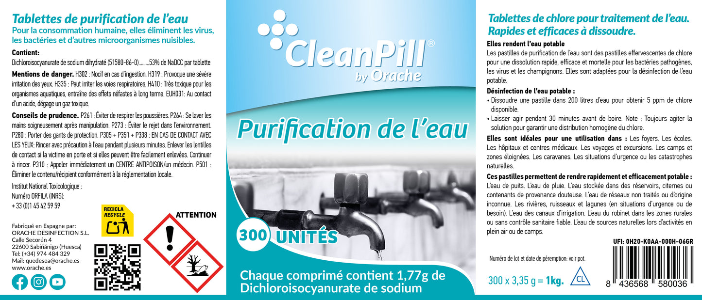 Comprimés purificateurs d'eau - CleanPill by Orache - 300 unités