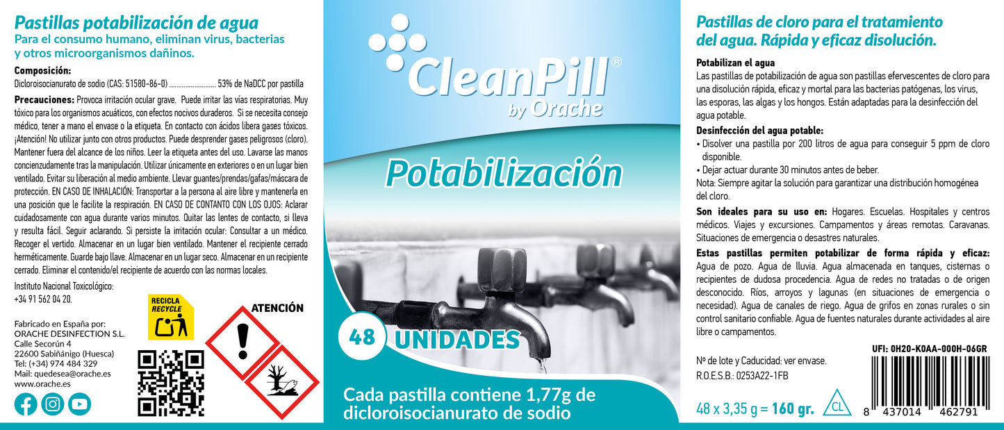 Pastillas Potabilizadoras de Agua - CleanPill by Orache - 48 Unidades