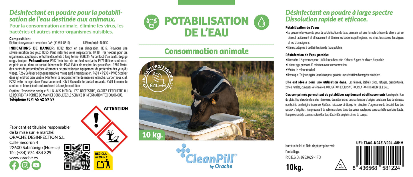 Pastilles de purification d'eau pour animaux - CleanPill by Orache - Seau de 10 kg