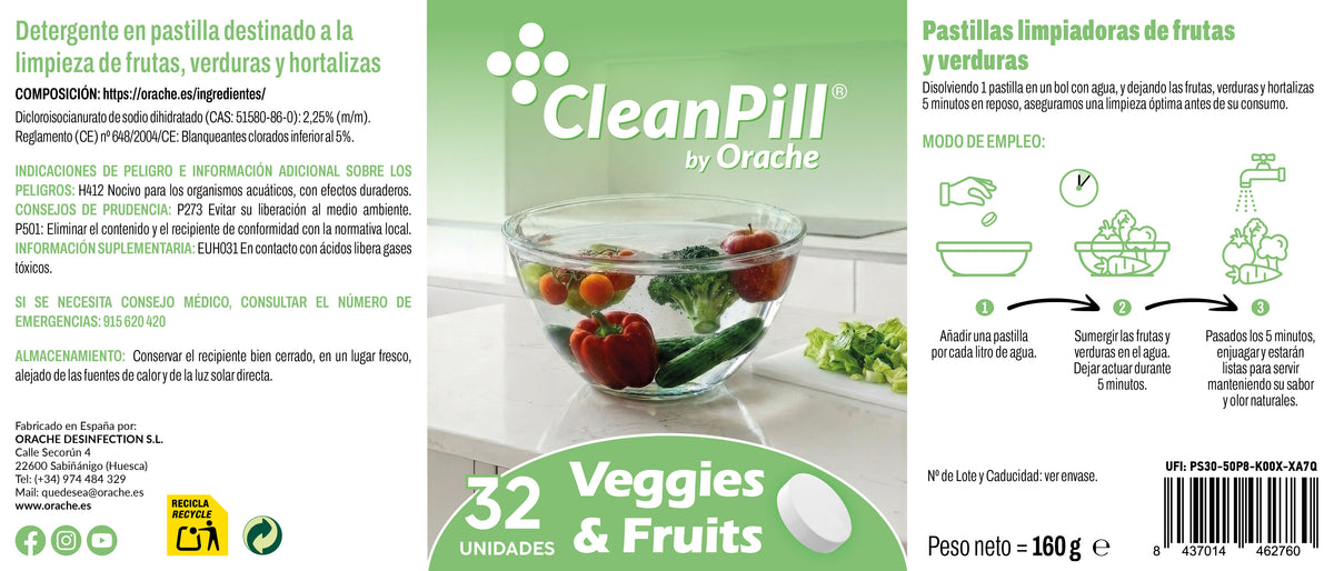 Pastillas Limpiadoras para Frutas y Verduras - CleanPill by Orache - 32 unidades