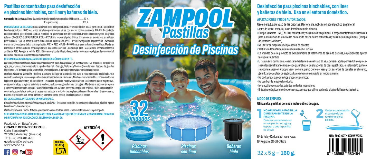 Pastillas Desinfectantes para Piscinas Hinchables Zampool -  CleanPill by Orache - 32 Unidades