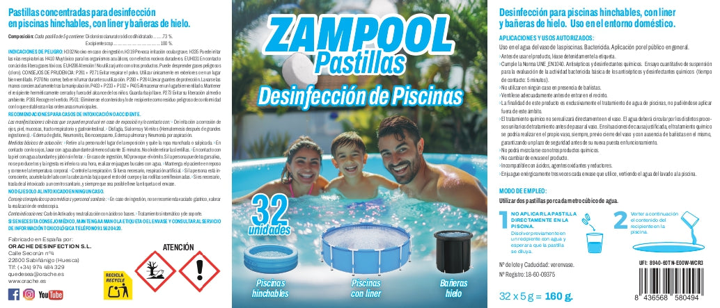 Pastillas Desinfectantes para Piscinas Hinchables Zampool -  CleanPill by Orache - 32 Unidades