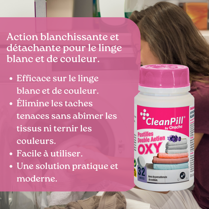 Pastilles Blanchissantes et Détachantes Double Action Oxy - CleanPill by Orache - 32 Unités