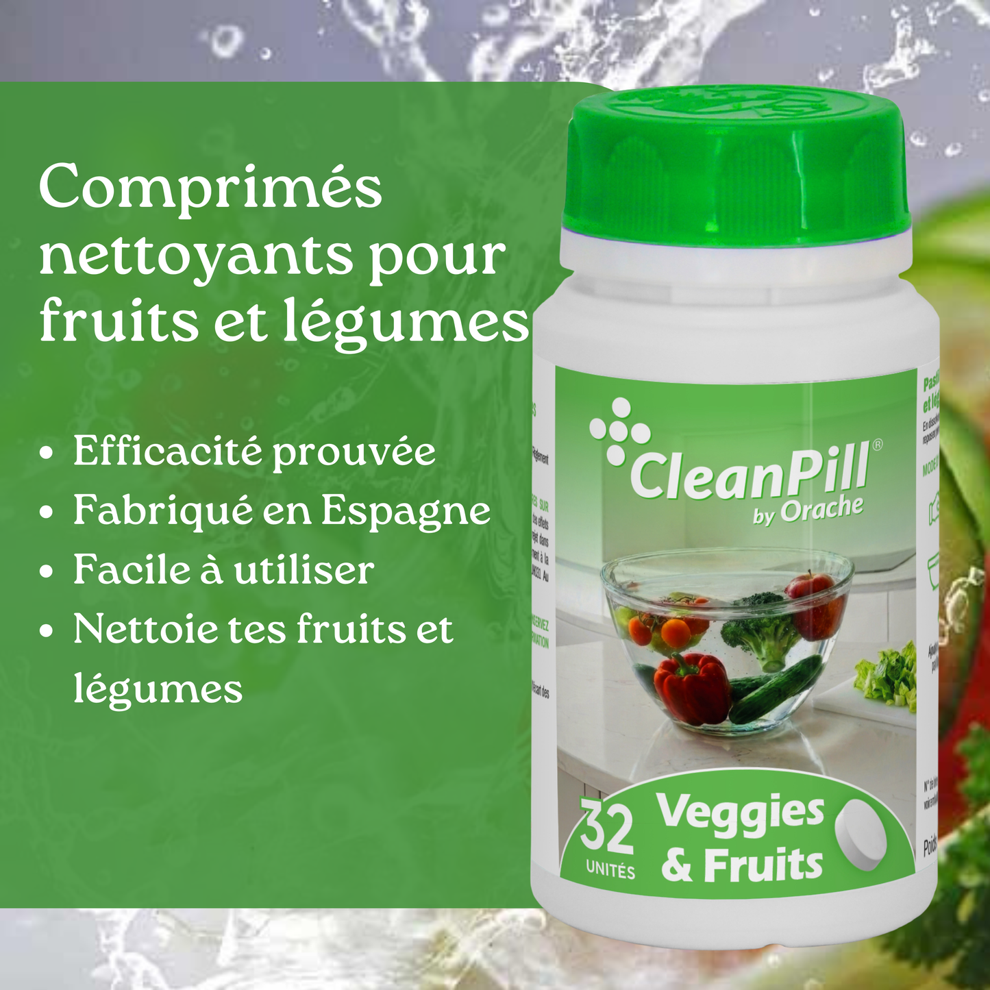 Comprimés nettoyants pour fruits et légumes - CleanPill by Orache - 32 unités
