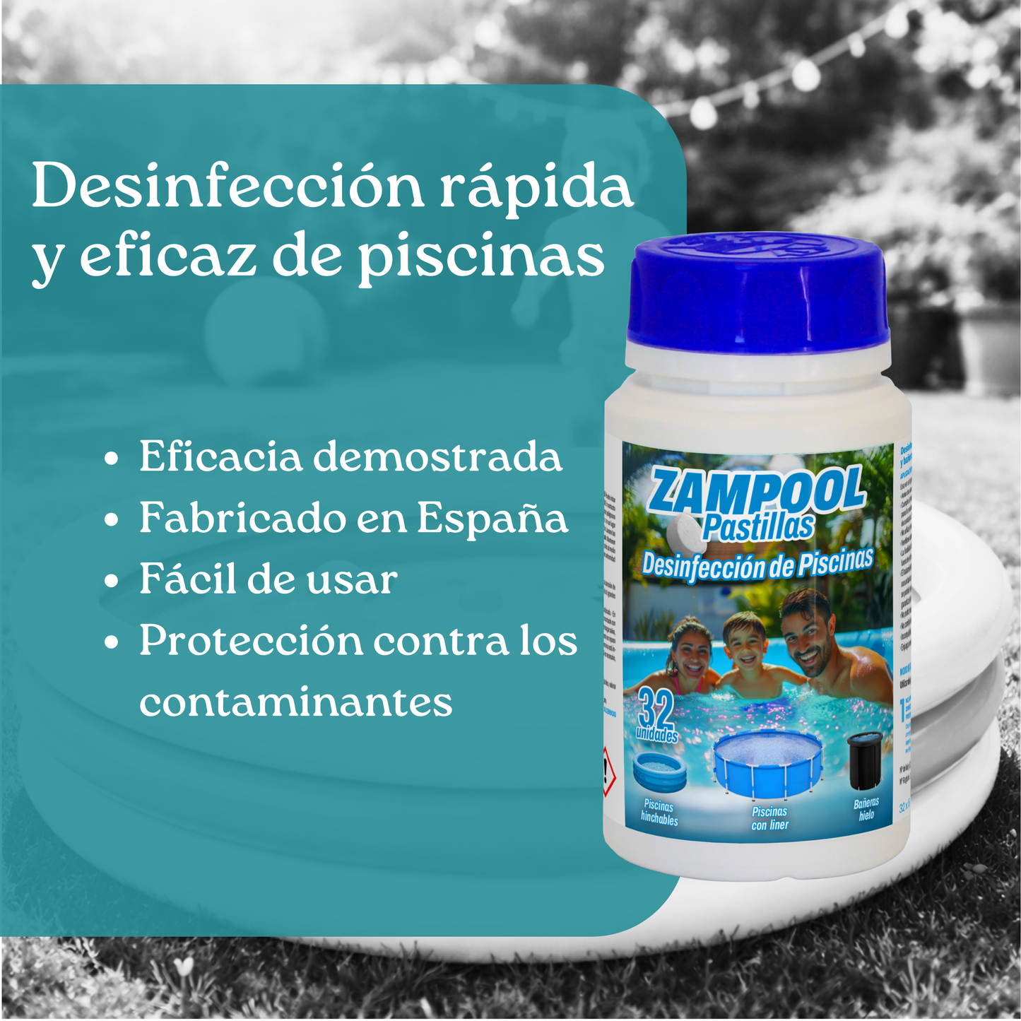 Pastillas Desinfectantes para Piscinas Hinchables Zampool -  CleanPill by Orache - 32 Unidades